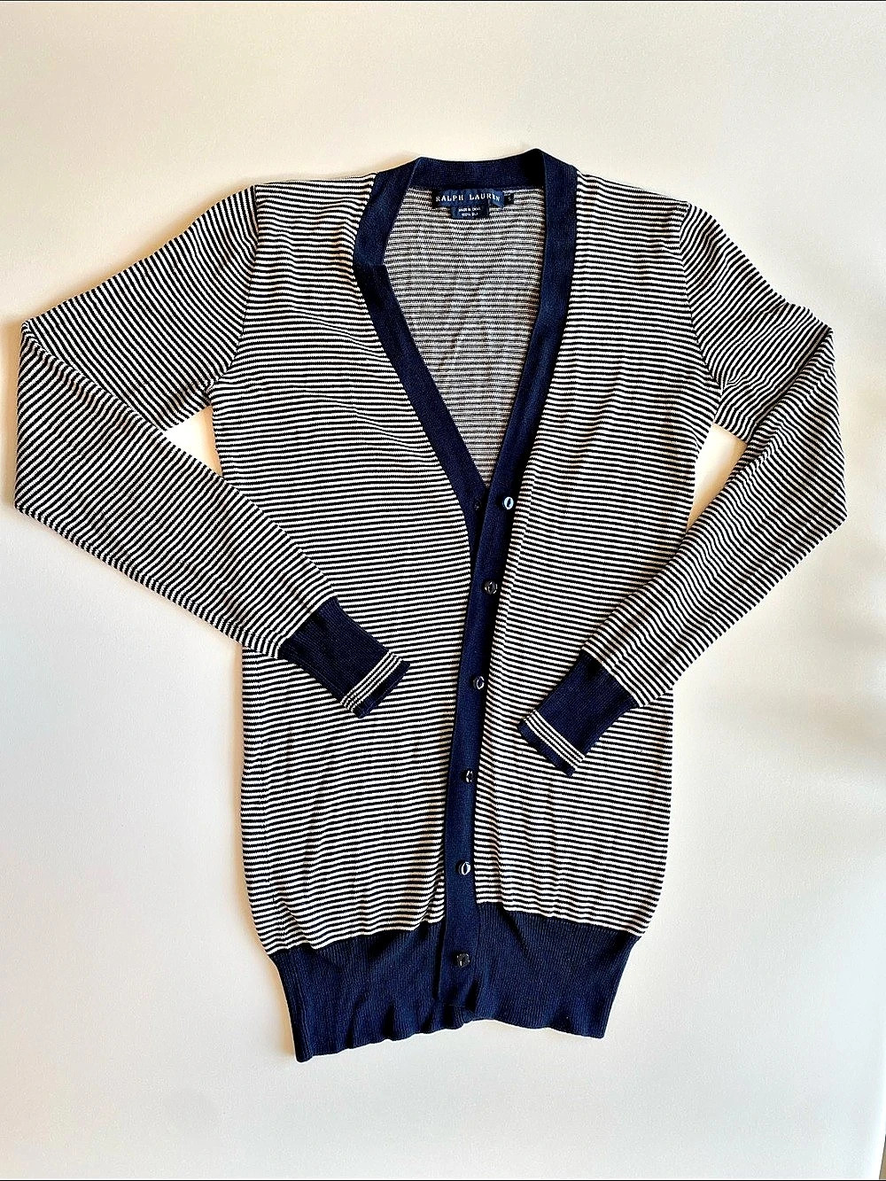 Vintage Ralph Lauren Striped Silk Cardigan in Blue & White (Size Small)